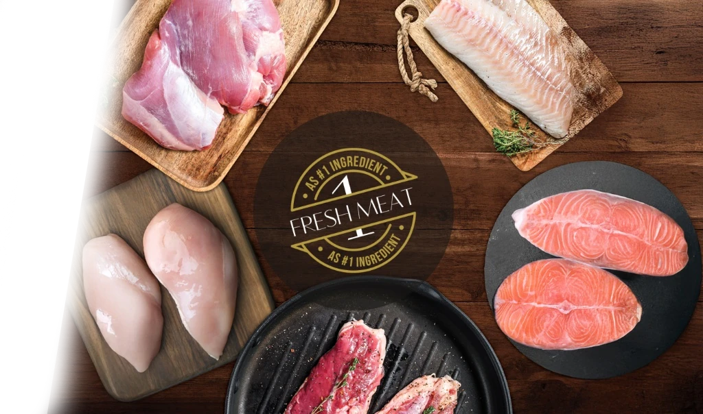 Chicken, white fish, salmon and fresh meat on a wooden board, with the Fresh Meat as #1 ingredient seal