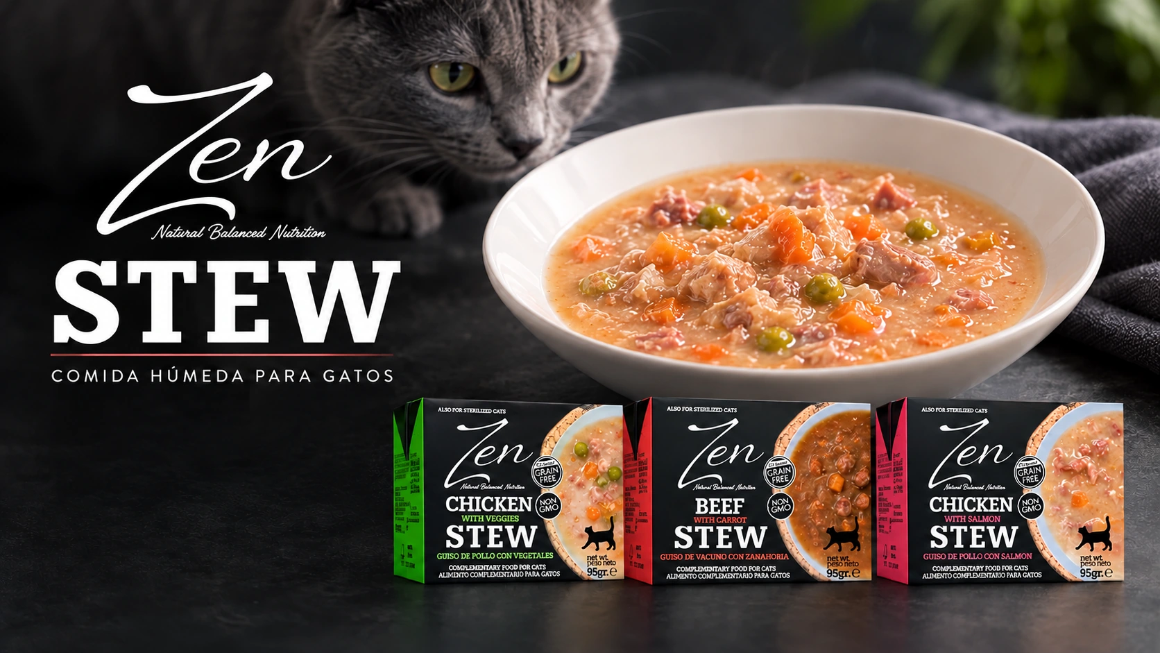 Campaña Zen Stew, con un gato, un plato de comida húmeda y tres recetas: pollo con verduras, vacuno con zanahoria y pollo con salmón