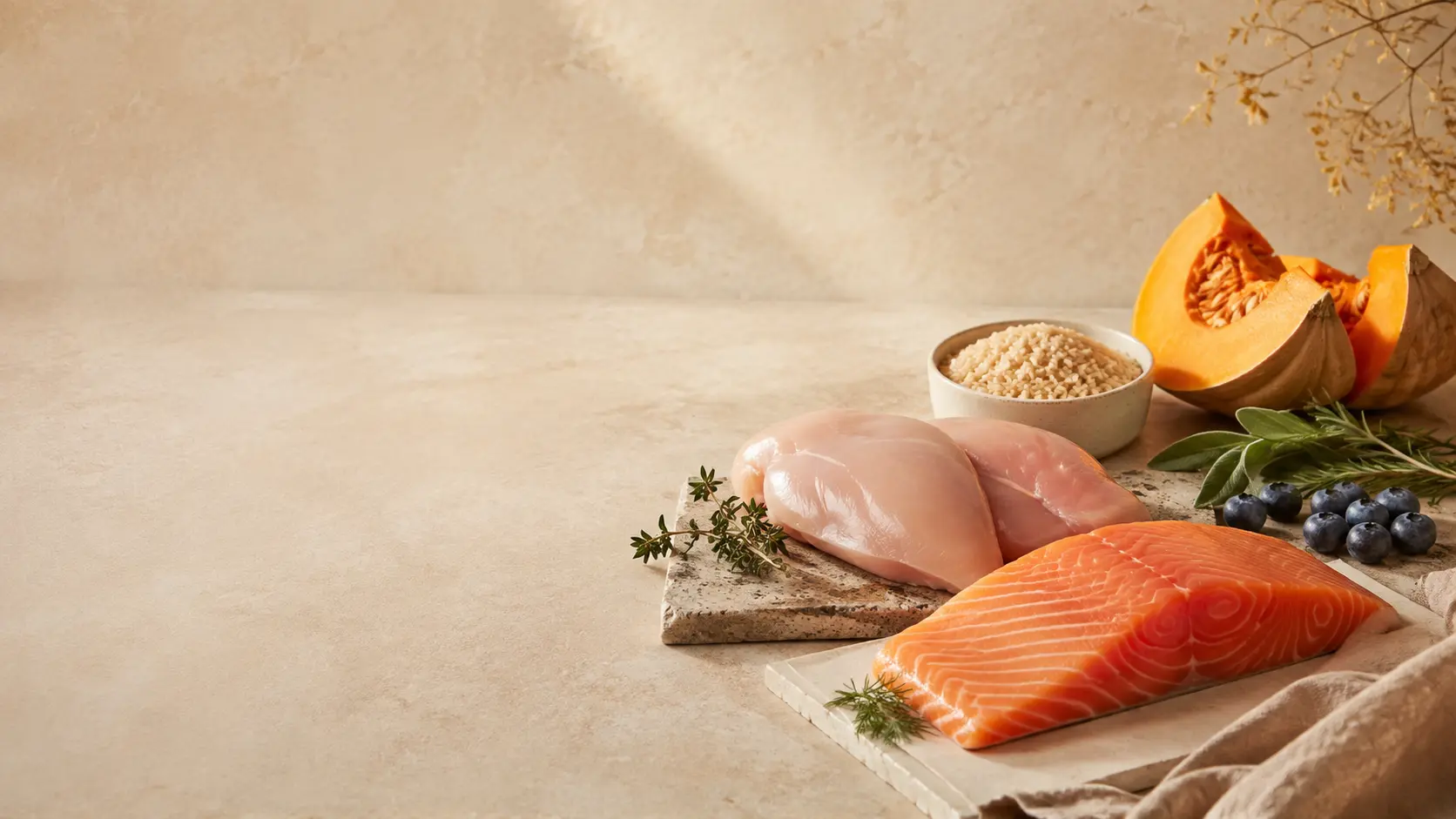 Selección de carne, pescado, arroz integral, calabaza, arándanos y hierbas frescas