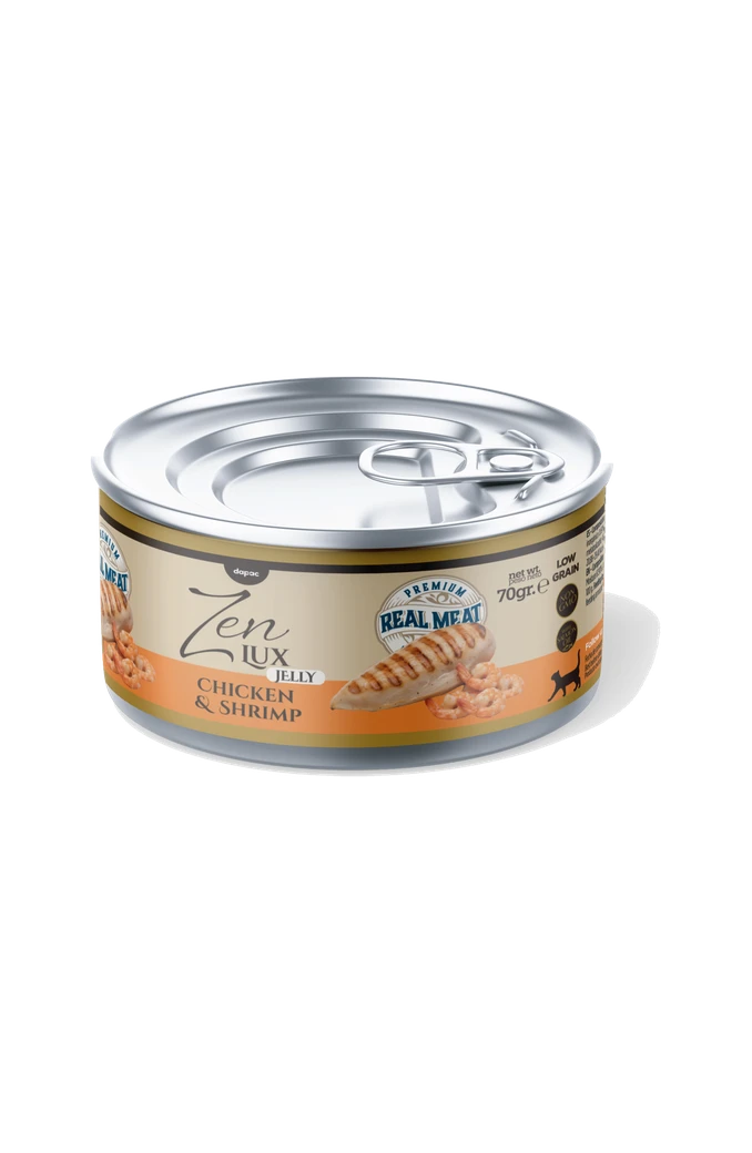 Lata de Zen Lux Frango e camarão em gelatina para gatos