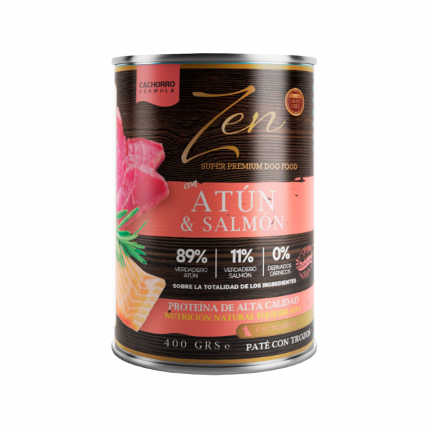 lata de paté para cachorros con proteina de atun y salmon sin cereal grain free premium zen pet nutrition