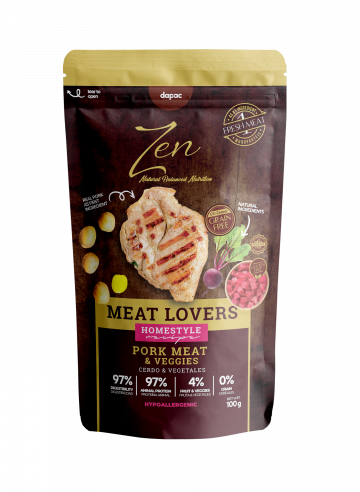 Zen meat lovers pouches para perros cerdo y vegetales