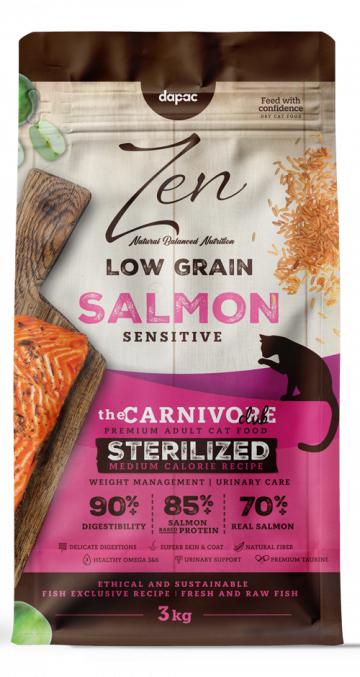 Zen cat Low Grain salmon sensitive. Alimento completo de salmón para gatos adultos
