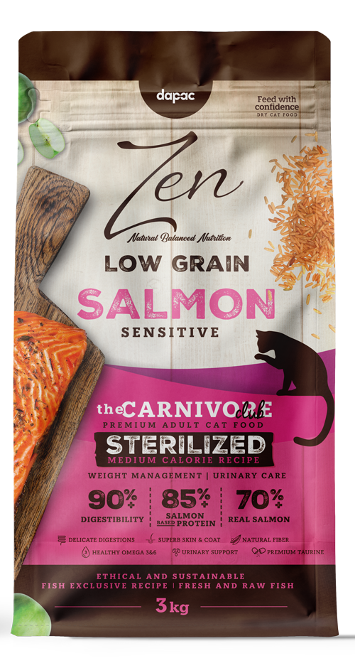 Zen cat Low Grain salmon sensitive. Alimento completo de salmón para gatos adultos