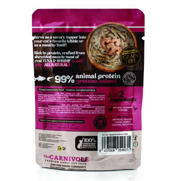 Pack trasero de comida húmeda para gatos Zen Tender Fish Atún y Gambas, ingredientes y tabla nutricional.