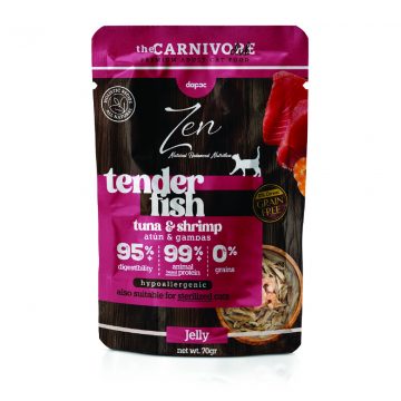 Comida húmeda para gatos Zen Tender, sabor atún y gambas, en sobre de 70g.