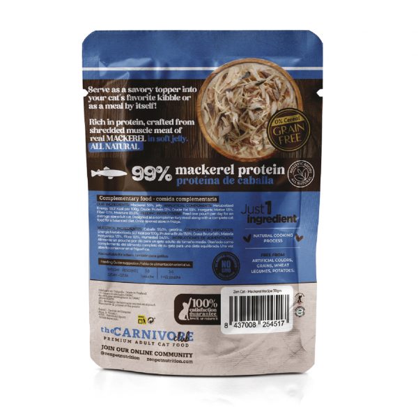 Parte trasera del sobre de alimento húmedo para gatos Zen Dapac caballa en gelatina, mostrando ingredientes, información nutricional y beneficios