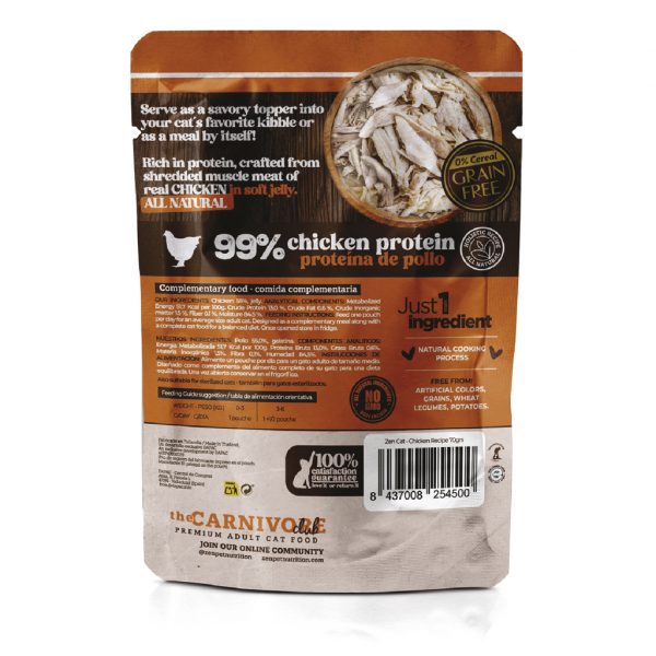Parte trasera del sobre de alimento húmedo para gatos Zen Dapac sabor pollo en gelatina, mostrando ingredientes, información nutricional y beneficios.