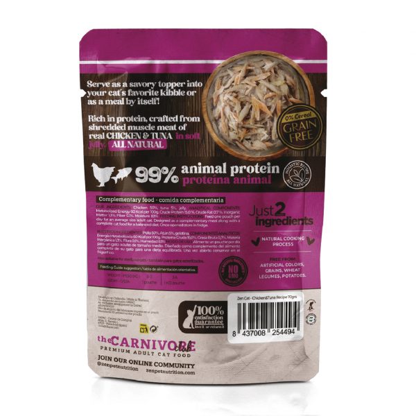 Parte trasera del sobre de alimento húmedo para gatos Zen Dapac sabor pollo y atún en gelatina, mostrando ingredientes, información nutricional y beneficios.