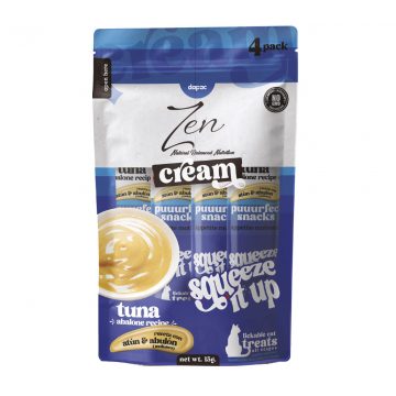 Snack cremoso para gatos Zen Cream sabor atún y abulón, pack 4 sobres x 15 g, sin OGM; bolsa azul y blanca
