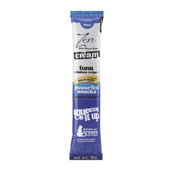 Zen Cream para gatos, snack cremoso sabor atún y abulón; monodosis 15 g en sobre azul y blanco tipo ‘squeeze’.”