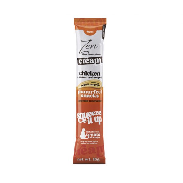 Stick Dapac Zen Cream sabor pollo y cangrejo, 15 g; envase blanco y naranja tipo ‘squeeze’.