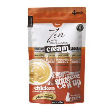Pack de 4 Dapac Zen Cream sabor pollo y cangrejo, sobres de 15 g; bolsa naranja y blanca, sin OGM