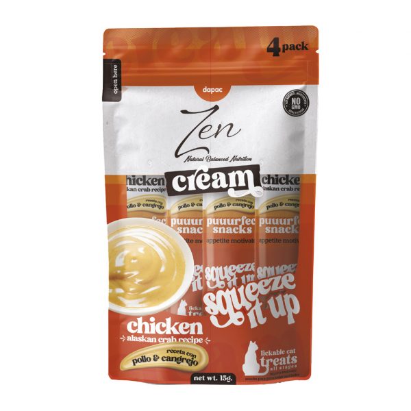 Pack de 4 Dapac Zen Cream sabor pollo y cangrejo, sobres de 15 g; bolsa naranja y blanca, sin OGM