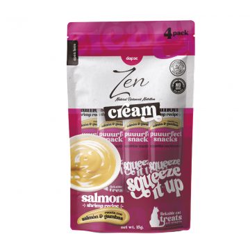 Zen Cream sabor salmón y gambas, 4 sticks de 15 g; bolsa rosa y blanca tipo ‘squeeze’, sin OGM.