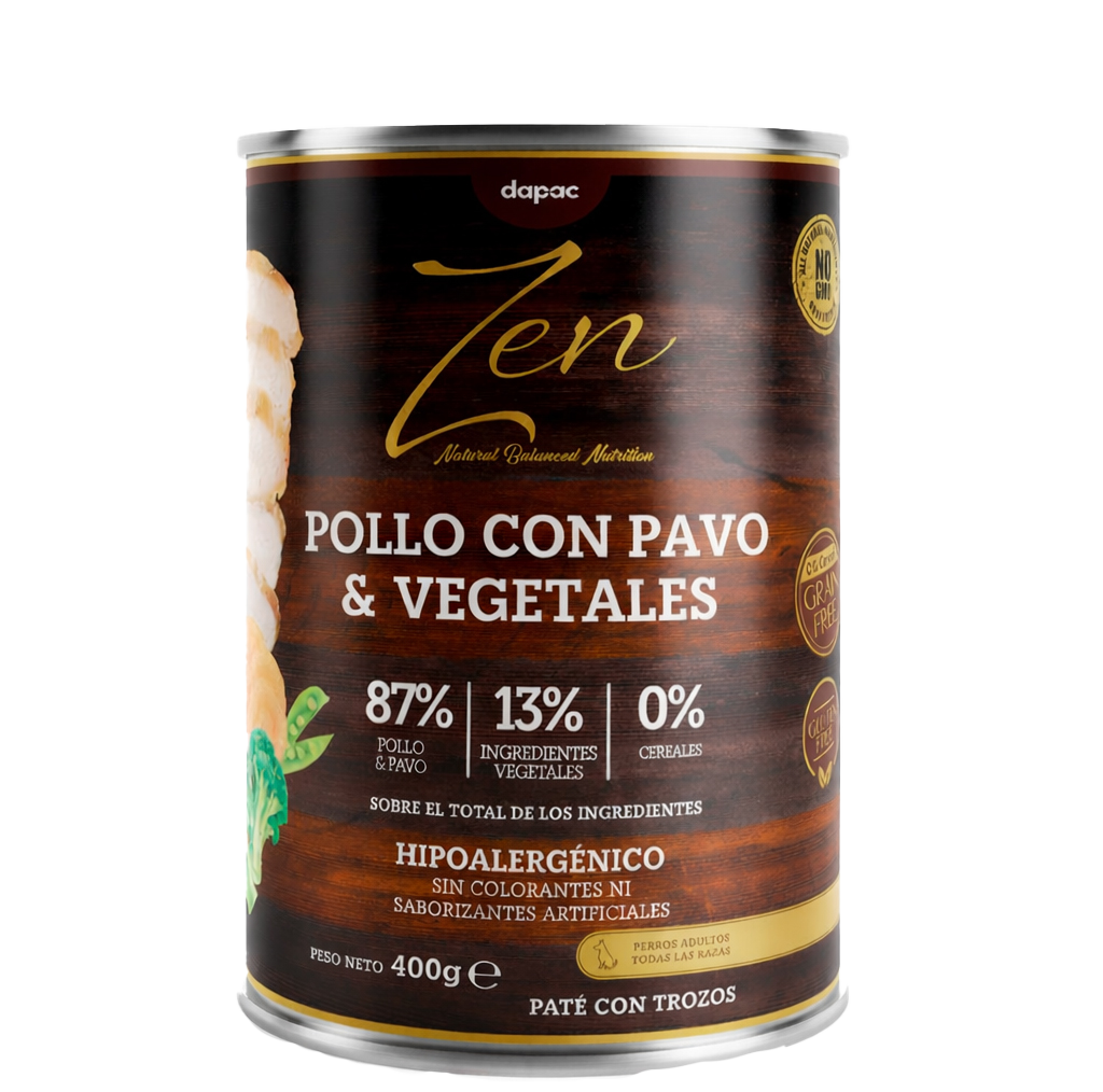 Zen paté hipoalergénico Pollo con pato y vegetales Zen paté hipoalergénico Pollo con pavo y vegetales